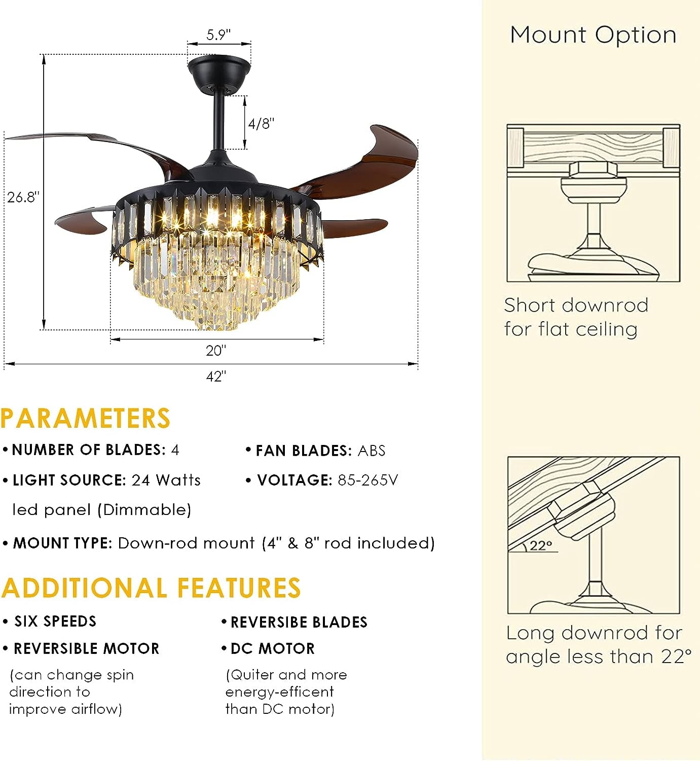 Crystal Retractable Chandelier Ceiling Fan, Retractable Ceiling Fans with Lights Remote, Dimmable with Memory Function,Crystal Fandelier Ceiling Fans for Living Room, Bedroom, Dining Room (42")