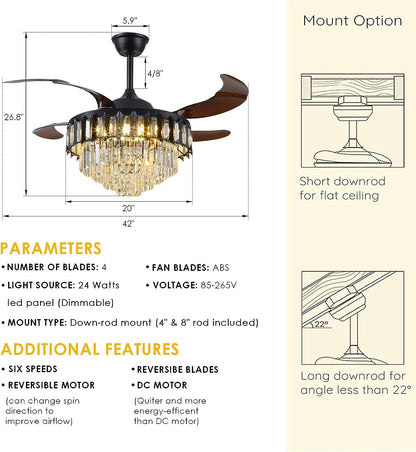 Crystal Retractable Chandelier Ceiling Fan, Retractable Ceiling Fans with Lights Remote, Dimmable with Memory Function,Crystal Fandelier Ceiling Fans for Living Room, Bedroom, Dining Room (42")