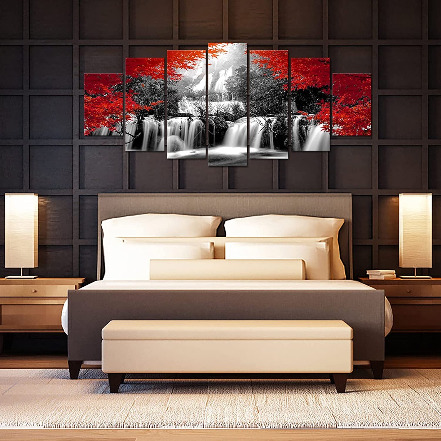 Xlarge 7 Pieces Black and Red Waterfall Canvas Wall Art Nature Forest Picture Prints Framed and Stretched Painting for Modern Living Room Office Decorations 70X32 Inch