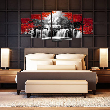 Xlarge 7 Pieces Black and Red Waterfall Canvas Wall Art Nature Forest Picture Prints Framed and Stretched Painting for Modern Living Room Office Decorations 70X32 Inch
