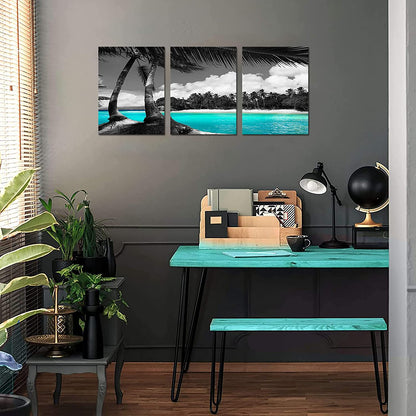 3 Panels Teal Canvas Wall Art Black and White Hawaii Beach Pictures Tropical Palm Tree Artwork Giclee Prints for Bathroom Office Wall Decoration Framed Ready to Hang Each Piece 12"X16"