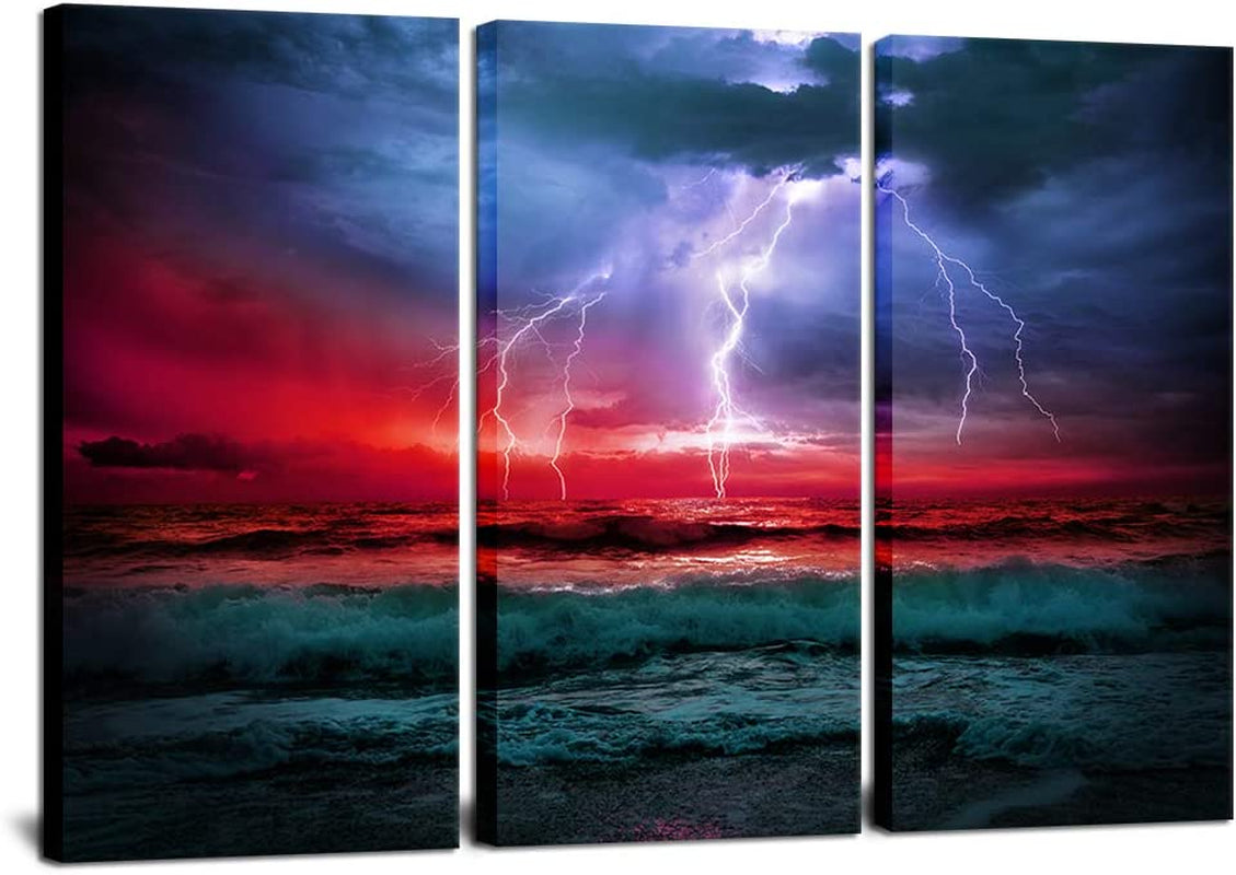 3 Piece Storm Sea Canvas Print Wall Art Ocean Wave Pictures Nature Lightning Paiting Prints Seascape Home Decor Stretched for Home Living Room Office Wall Decoration 16"X32"X3Pcs