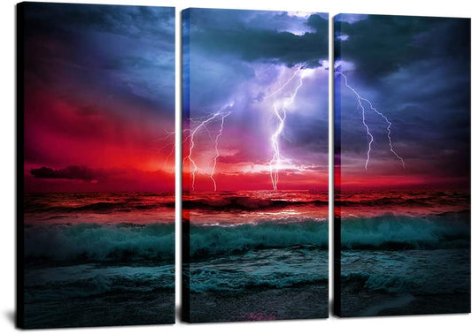 3 Piece Storm Sea Canvas Print Wall Art Ocean Wave Pictures Nature Lightning Paiting Prints Seascape Home Decor Stretched for Home Living Room Office Wall Decoration 16"X32"X3Pcs