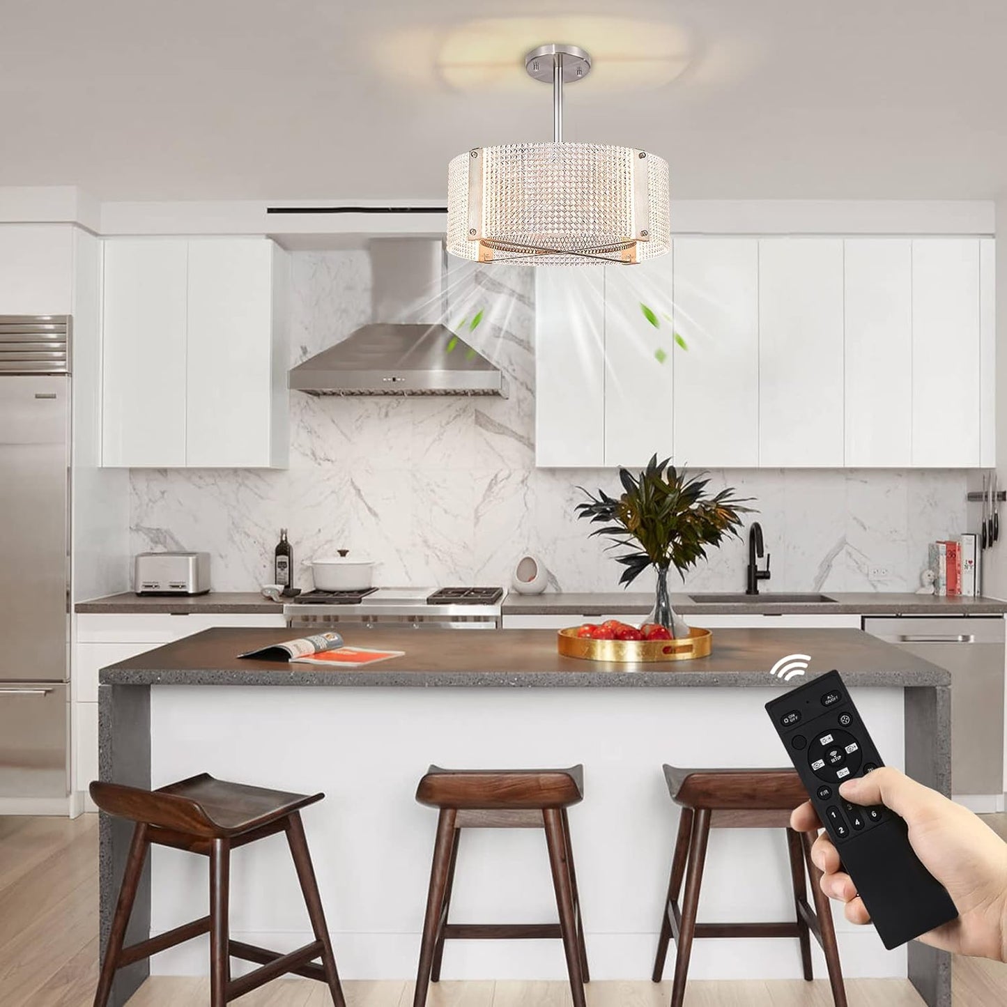 Ceiling Fans with Lights, Crystal Modern Flush Mount Ceiling Fan with Remote Control, Dimmable LED 6 Wind Speeds Low Profile Caged Ceiling Fan with Light for Bedroom Living Room