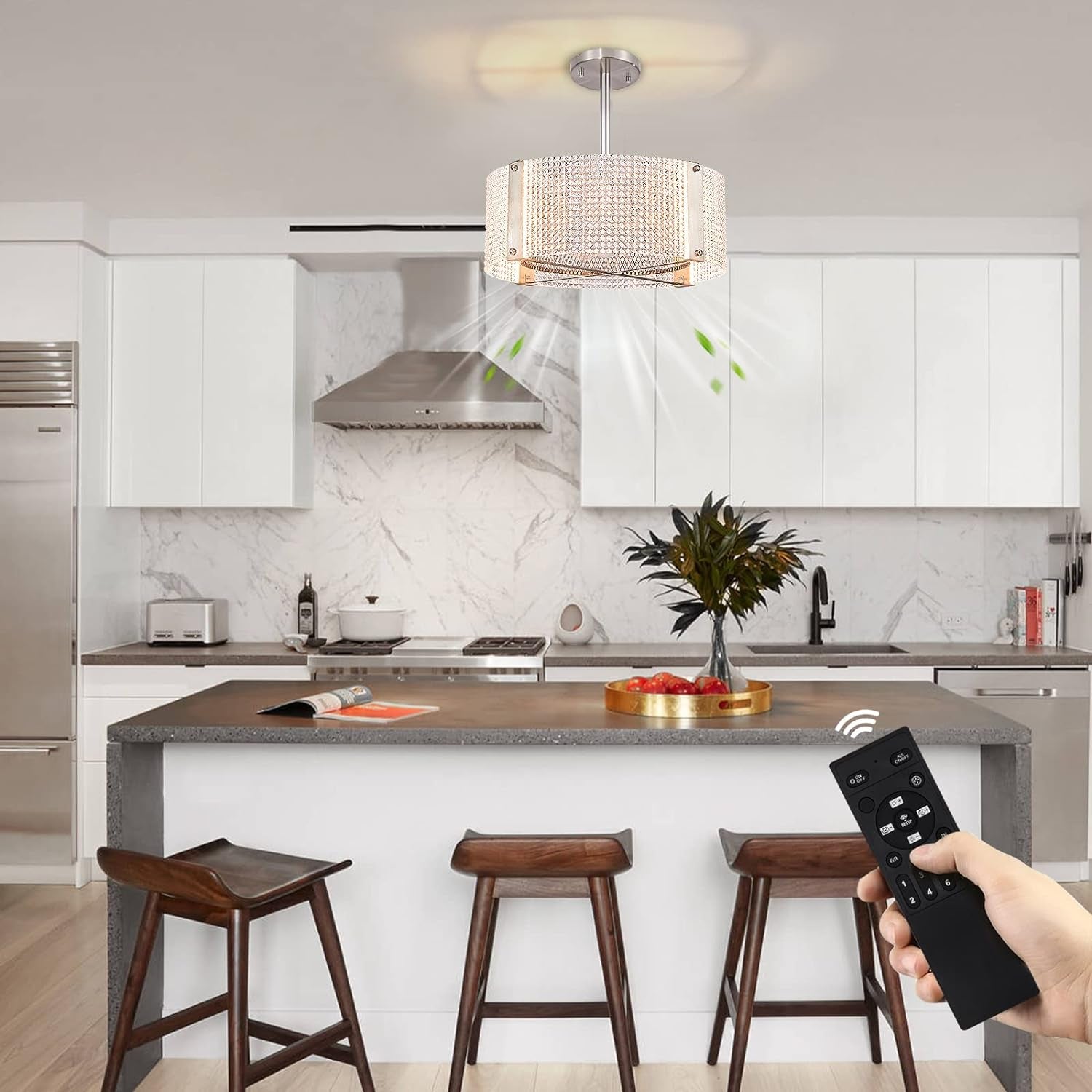 Ceiling Fans with Lights, Crystal Modern Flush Mount Ceiling Fan with Remote Control, Dimmable LED 6 Wind Speeds Low Profile Caged Ceiling Fan with Light for Bedroom Living Room