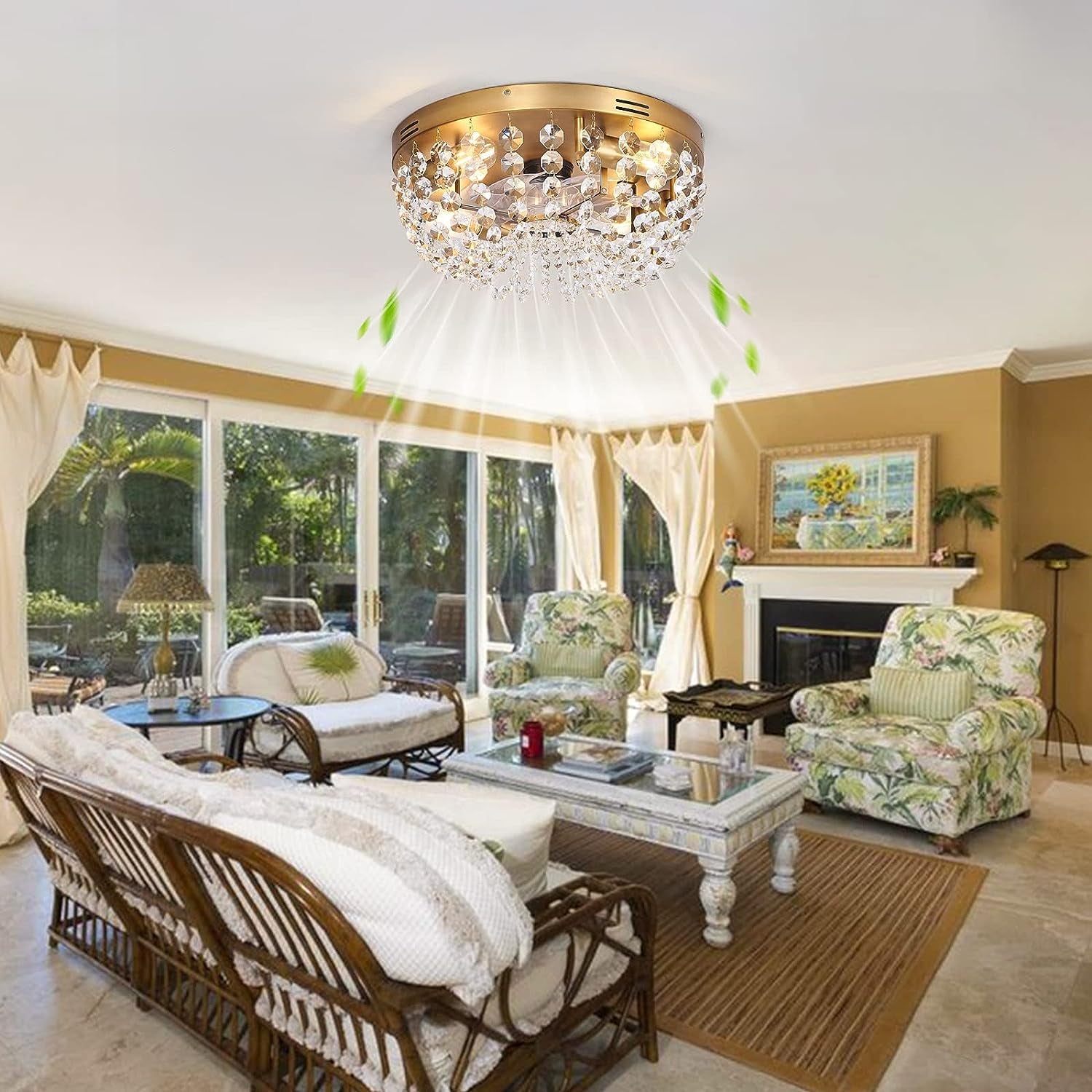 Ceiling Fan with Light Flush Mount Modern, Small Low Profile Boho Ceiling Fan with Light Remote Control, Crystal Caged Ceiling Fan with Smart Lighting /6 Speed/Timing for Bedroom Living Room（Gold）