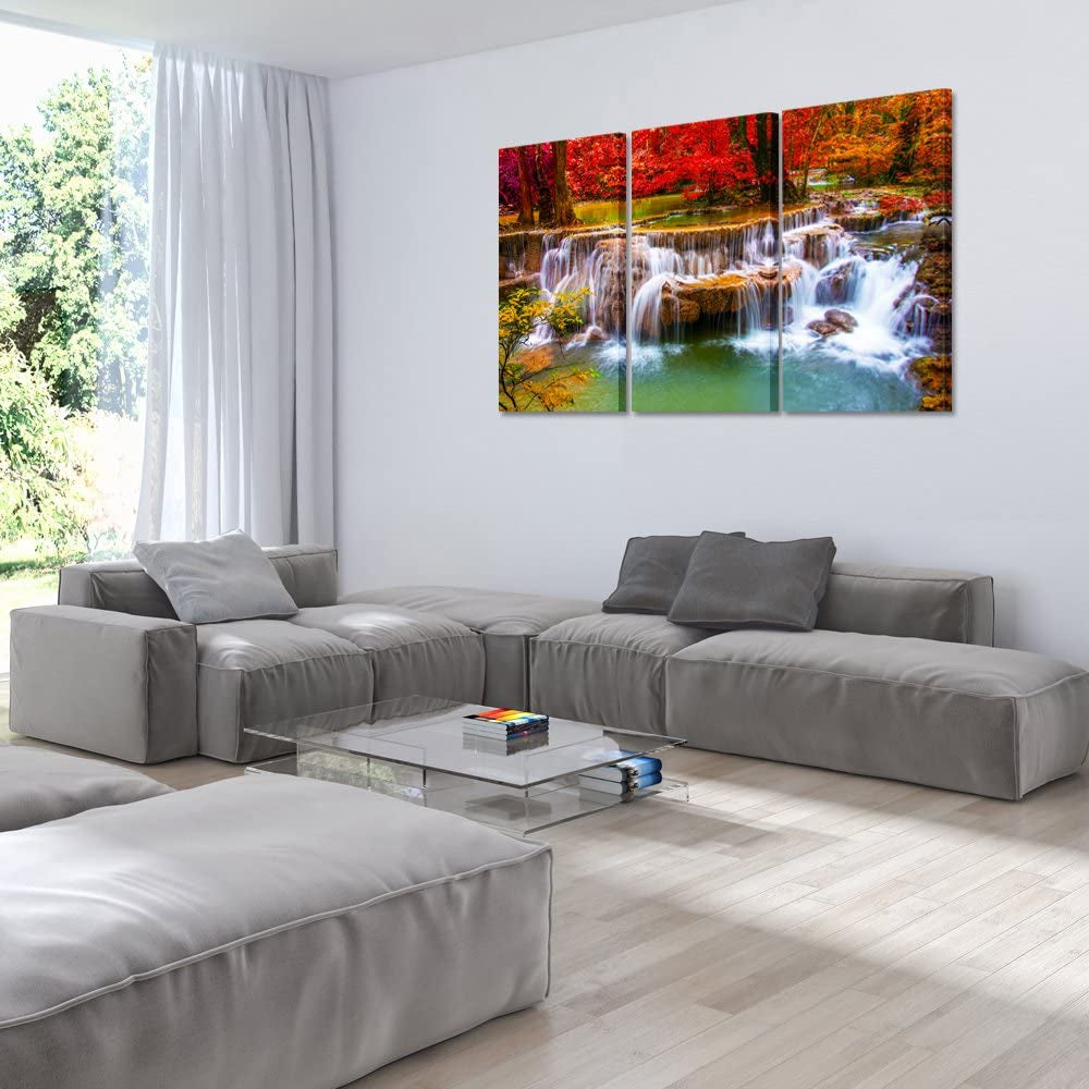 Large Canvas Print for Living Room Decoration Stretched 3 Pieces Green Dreamlike Waterfall Painting Wall Art Picture Print on Canvas High Definition Modern Home Decor 16X32Inchx3Pcs