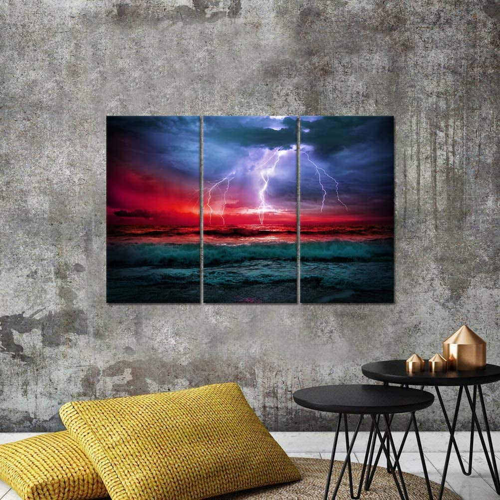 3 Piece Storm Sea Canvas Print Wall Art Ocean Wave Pictures Nature Lightning Paiting Prints Seascape Home Decor Stretched for Home Living Room Office Wall Decoration 16"X32"X3Pcs