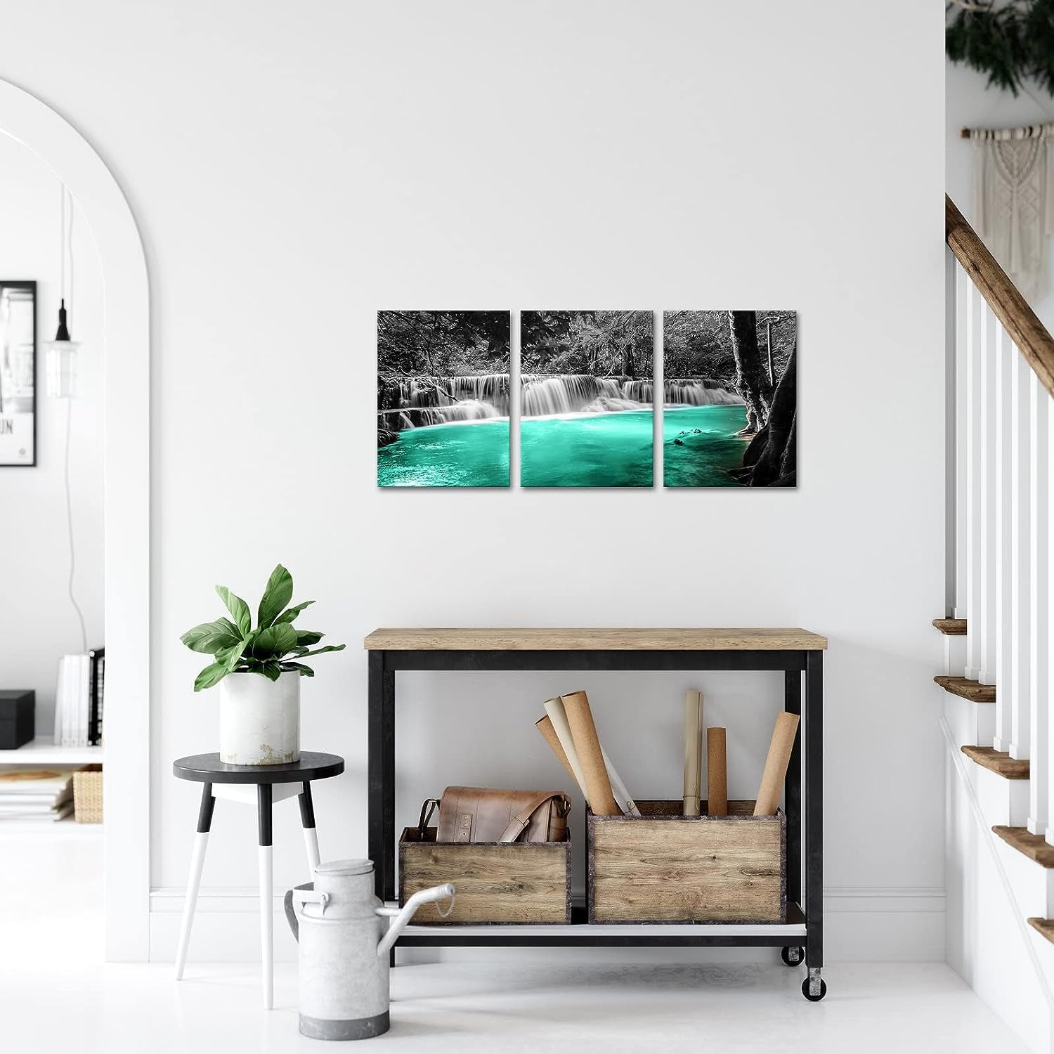 3 Pieces Black and White Teal Canvas Wall Art Dreamlike Forest Waterfall Picture Painting on Canvas Modern Nature Landscape Artwork for Bedroom Bathroom Decor Framed Ready to Hang