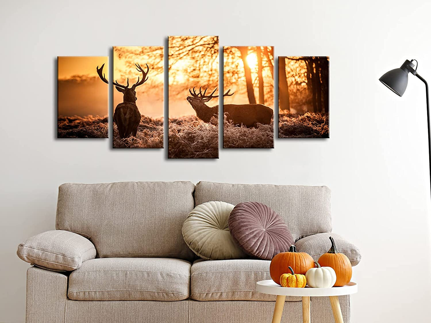 Brown Canvas Prints Wall Art Deer Elks in Autumn Sunset Forest Pictures Paintings for Living Room Bedroom Kitchen Home Decorations 5 Piece Modern Giclee Animal Scenery Landscape Artwork