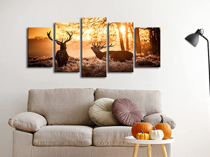Brown Canvas Prints Wall Art Deer Elks in Autumn Sunset Forest Pictures Paintings for Living Room Bedroom Kitchen Home Decorations 5 Piece Modern Giclee Animal Scenery Landscape Artwork