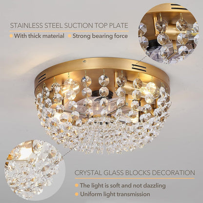 Ceiling Fan with Light Flush Mount Modern, Small Low Profile Boho Ceiling Fan with Light Remote Control, Crystal Caged Ceiling Fan with Smart Lighting /6 Speed/Timing for Bedroom Living Room（Gold）