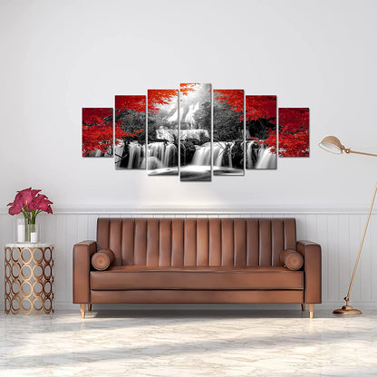 Xlarge 7 Pieces Black and Red Waterfall Canvas Wall Art Nature Forest Picture Prints Framed and Stretched Painting for Modern Living Room Office Decorations 70X32 Inch
