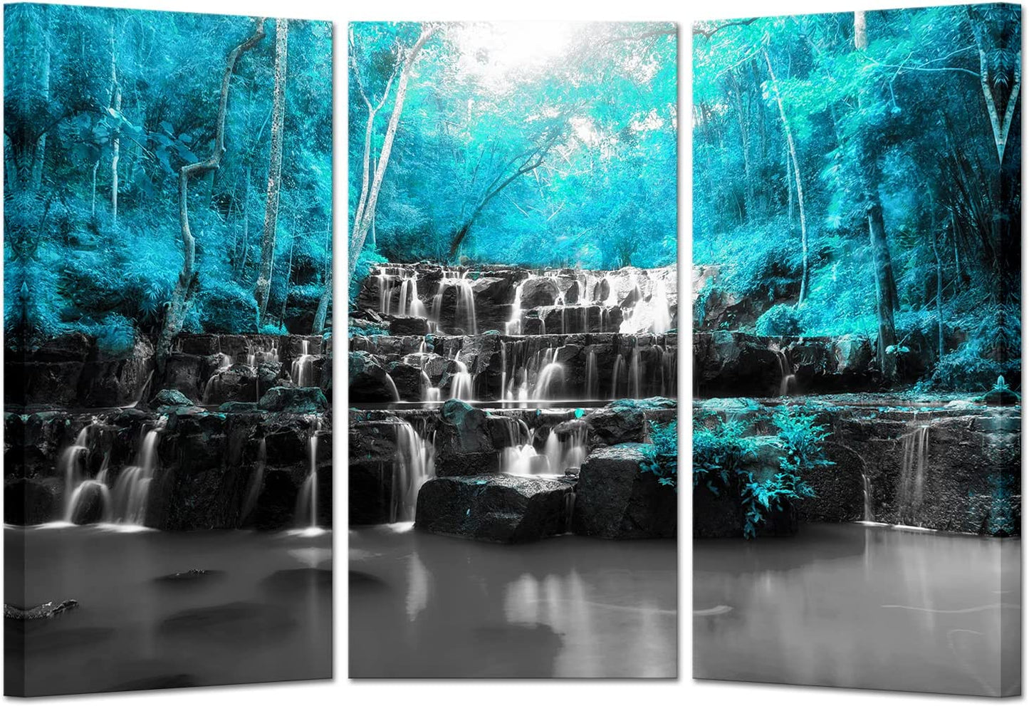 Large 3 Panel Landscape Black White Teal Blue Forest Waterfall Canvas Wall Art Tree Nature Picture Prints Gallery Wrapped Ready to Hang for Living Room Office Each Panel 16X32 Inches (Blue)