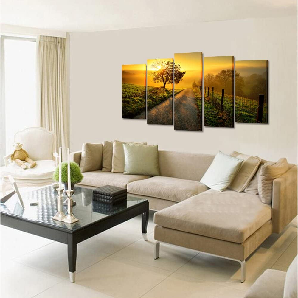 - Large 5 Piece Canvas Wall Art Idyllic Rural Landscape in Golden Light Dawn Farm Tree Picture Prints Modern Home Decor Stretched and Framed Ready to Hang (Large Size 60X32Inch)