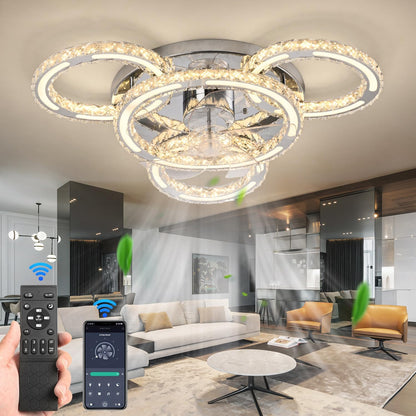 Chandelier Ceiling Fan with Lights，27.6" Flush Mount Celing Fan with 6-Speed LED Dimmable Crystal Ceiling Fan Invisible for Bedroom Living Room