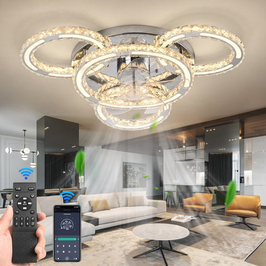 Chandelier Ceiling Fan with Lights，27.6" Flush Mount Celing Fan with 6-Speed LED Dimmable Crystal Ceiling Fan Invisible for Bedroom Living Room