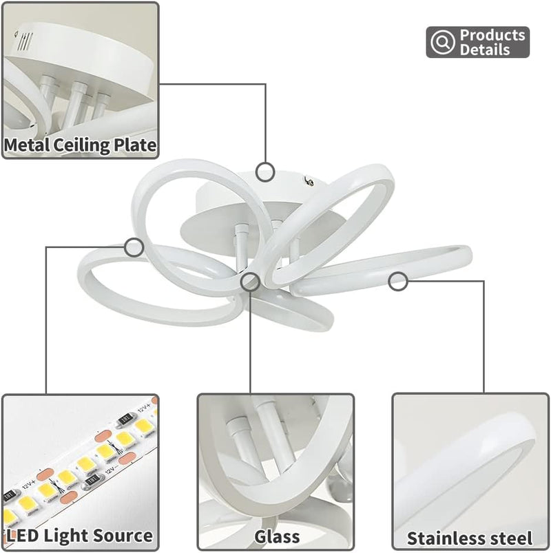 Modern LED Ceiling Light Fixture, 19.6'' 6000K Acrylic Ceiling Light, Semi Flush Mounted Ceiling Lamp Flower Shape for Dinning Room Bedroom Kitchen Hallway