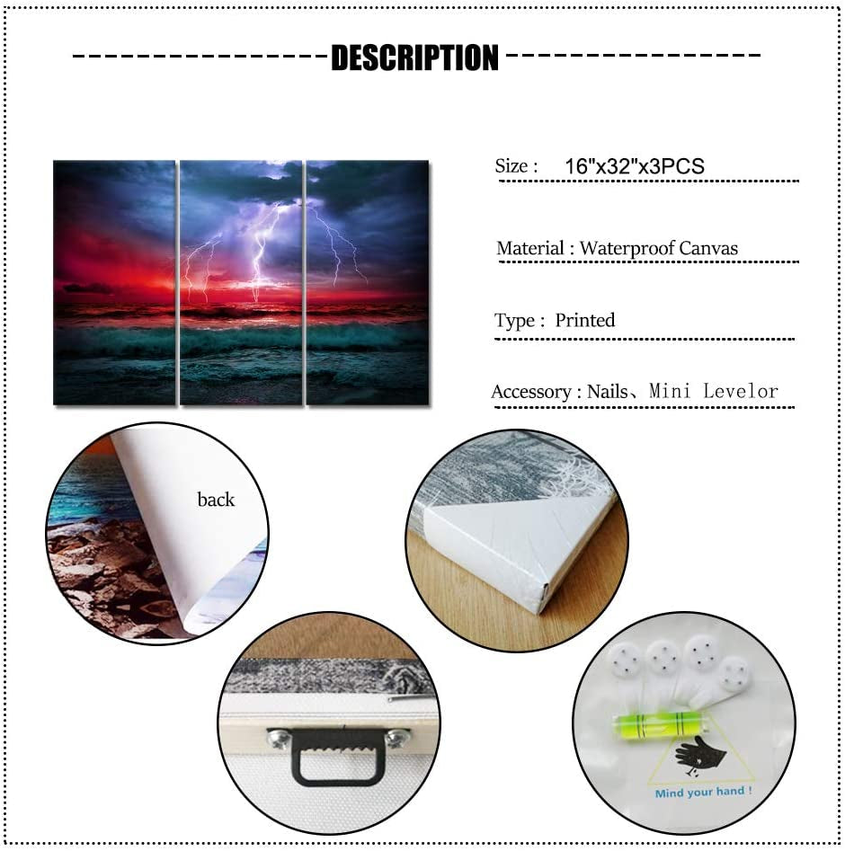 3 Piece Storm Sea Canvas Print Wall Art Ocean Wave Pictures Nature Lightning Paiting Prints Seascape Home Decor Stretched for Home Living Room Office Wall Decoration 16"X32"X3Pcs
