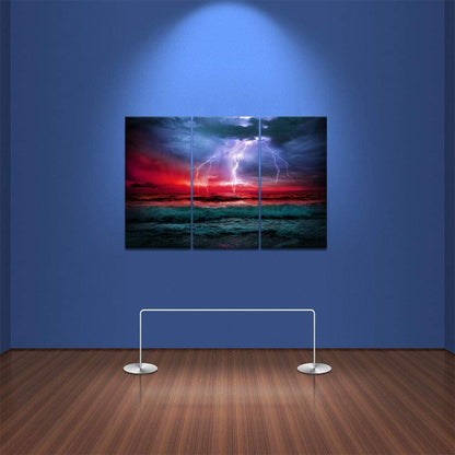 3 Piece Storm Sea Canvas Print Wall Art Ocean Wave Pictures Nature Lightning Paiting Prints Seascape Home Decor Stretched for Home Living Room Office Wall Decoration 16"X32"X3Pcs
