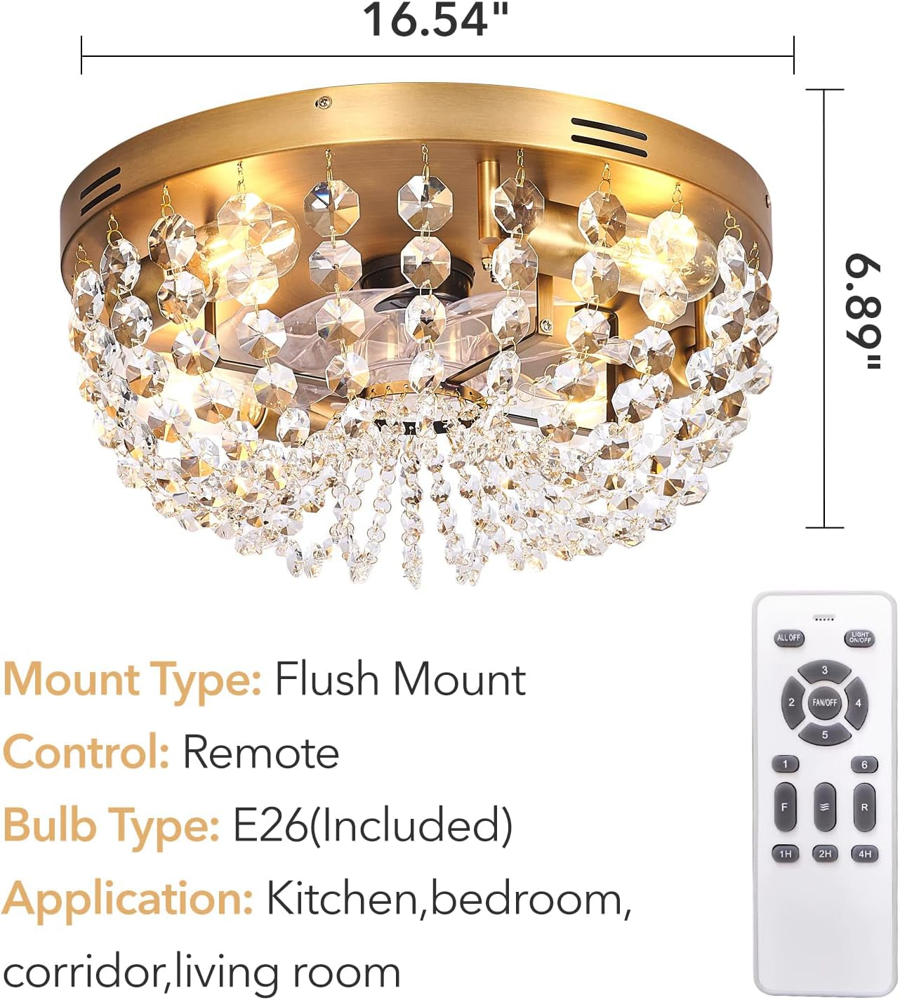 Ceiling Fan with Light Flush Mount Modern, Small Low Profile Boho Ceiling Fan with Light Remote Control, Crystal Caged Ceiling Fan with Smart Lighting /6 Speed/Timing for Bedroom Living Room（Gold）