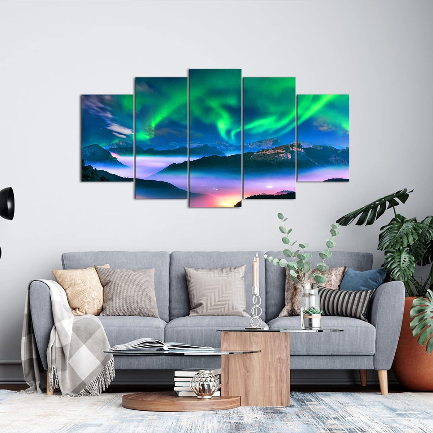 5 Piece Aurora Borealis Canvas Wall Art Northern Lights Picture Painting Giclee Print for Living Room Snowy Mountains Landscape Poster Framed Prints Art Ready to Hang (Large)