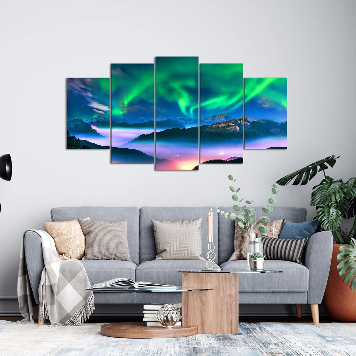 5 Piece Aurora Borealis Canvas Wall Art Northern Lights Picture Painting Giclee Print for Living Room Snowy Mountains Landscape Poster Framed Prints Art Ready to Hang (Large)