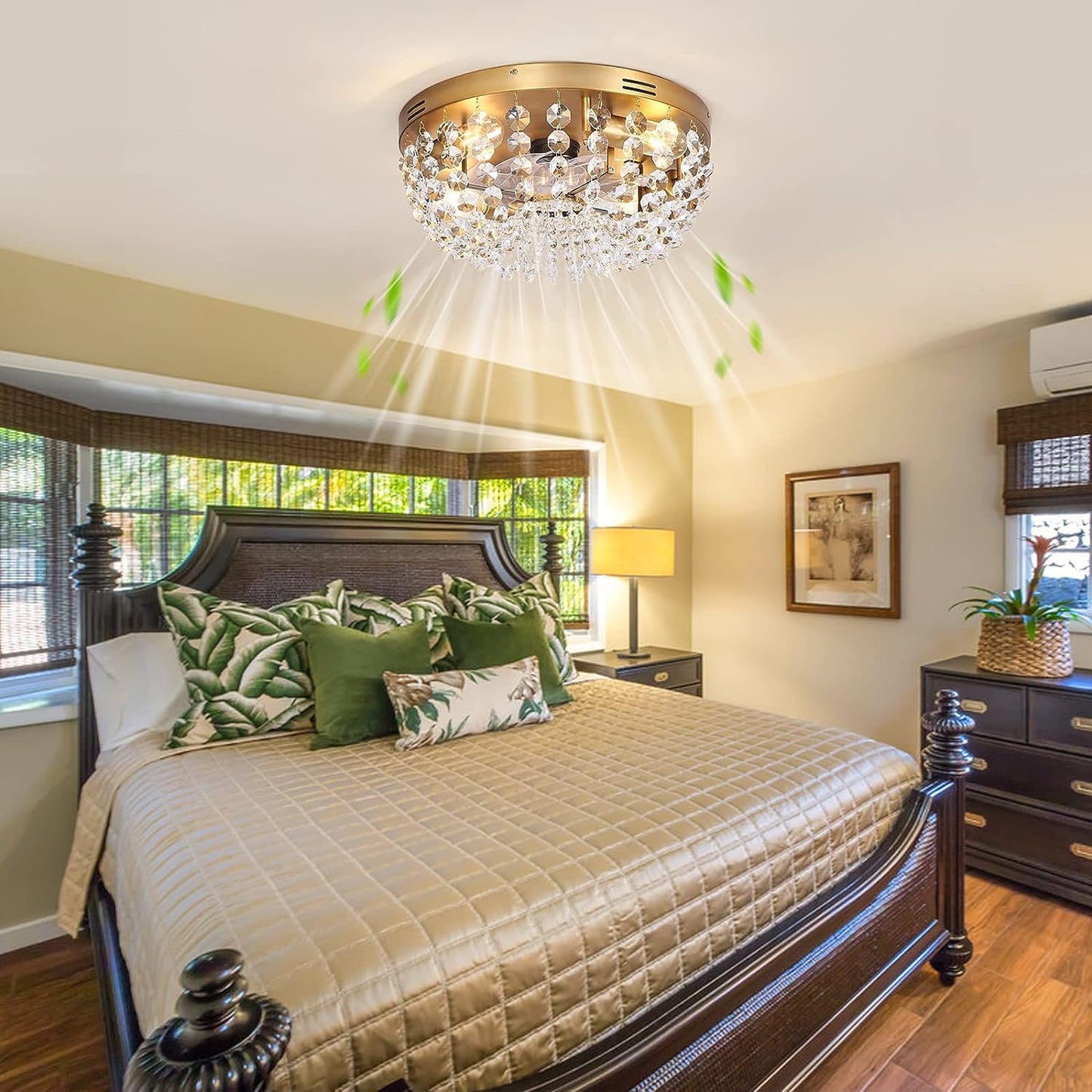 Ceiling Fan with Light Flush Mount Modern, Small Low Profile Boho Ceiling Fan with Light Remote Control, Crystal Caged Ceiling Fan with Smart Lighting /6 Speed/Timing for Bedroom Living Room（Gold）