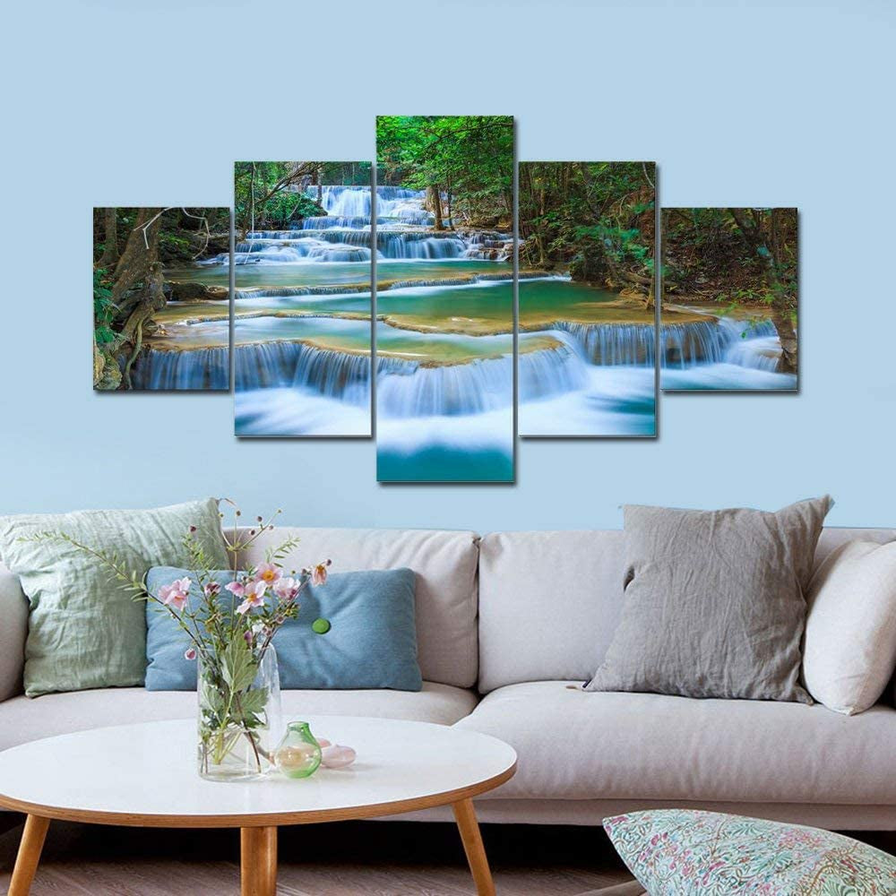 Peaceful Waterfall 5 Panels Large Canvas Paintings Wall Art Modern Gallery Wrapped Landscape Forest Giclee Canvas Print Artwork Photo Pictures for Living Room Bedroom Home Decorations L