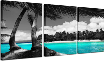 3 Panels Teal Canvas Wall Art Black and White Hawaii Beach Pictures Tropical Palm Tree Artwork Giclee Prints for Bathroom Office Wall Decoration Framed Ready to Hang Each Piece 12"X16"