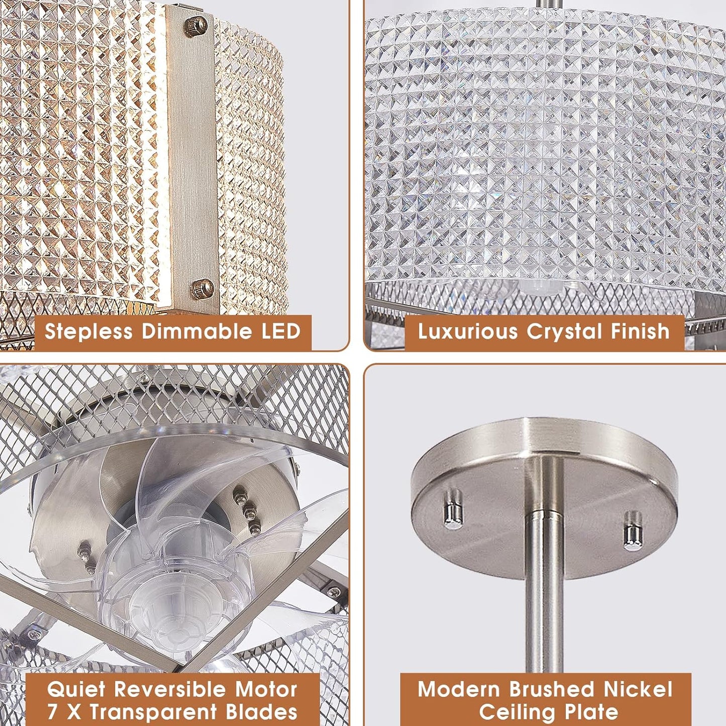 Ceiling Fans with Lights, Crystal Modern Flush Mount Ceiling Fan with Remote Control, Dimmable LED 6 Wind Speeds Low Profile Caged Ceiling Fan with Light for Bedroom Living Room