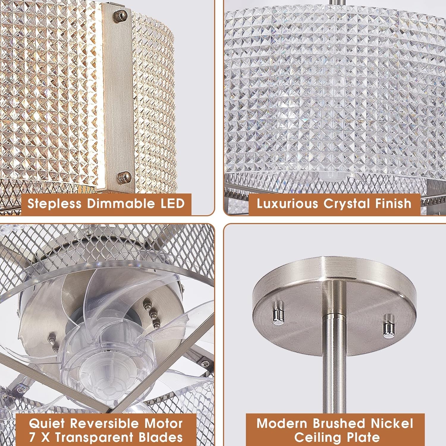 Ceiling Fans with Lights, Crystal Modern Flush Mount Ceiling Fan with Remote Control, Dimmable LED 6 Wind Speeds Low Profile Caged Ceiling Fan with Light for Bedroom Living Room