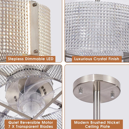 Ceiling Fans with Lights, Crystal Modern Flush Mount Ceiling Fan with Remote Control, Dimmable LED 6 Wind Speeds Low Profile Caged Ceiling Fan with Light for Bedroom Living Room
