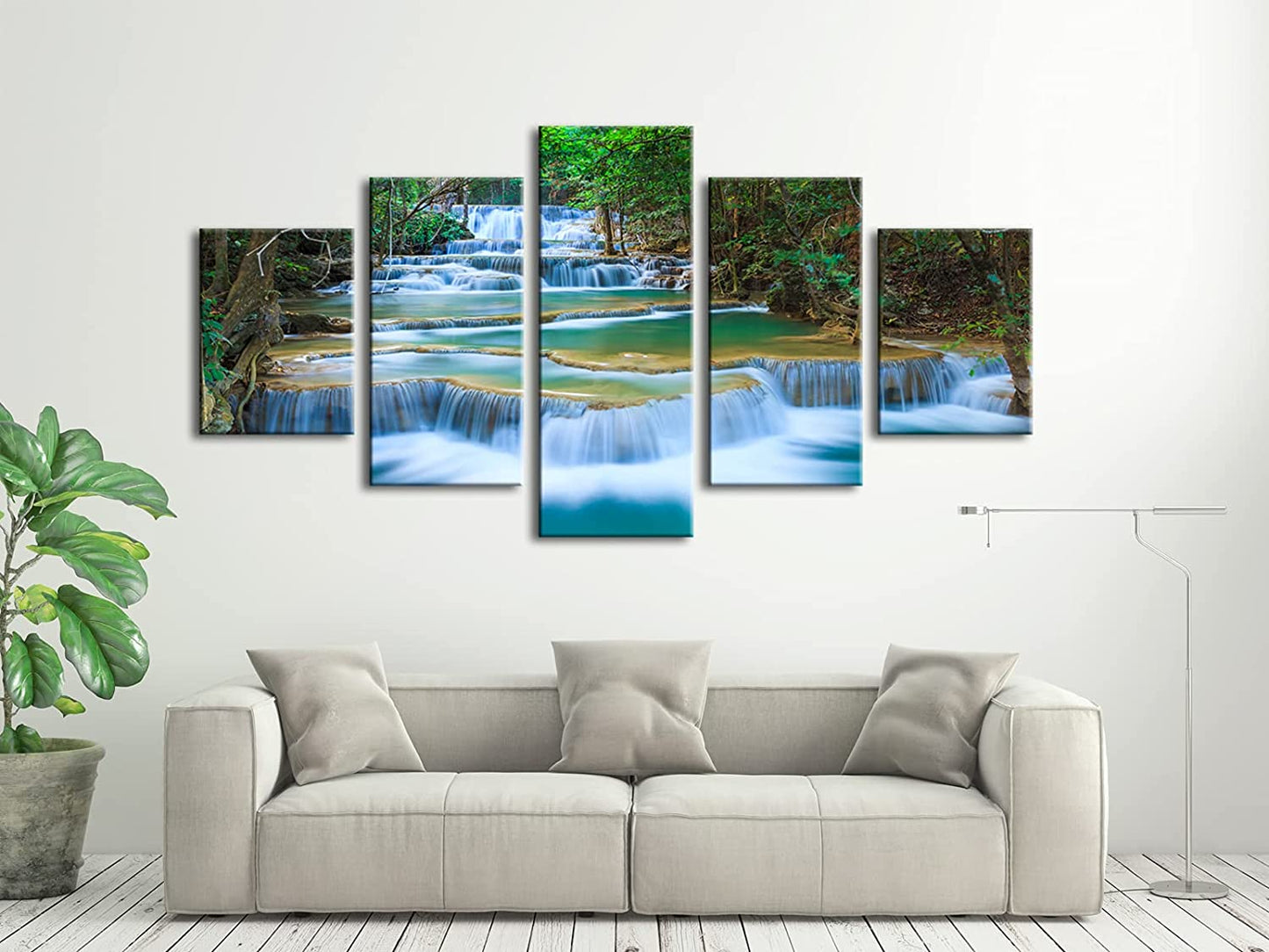 Peaceful Waterfall 5 Panels Large Canvas Paintings Wall Art Modern Gallery Wrapped Landscape Forest Giclee Canvas Print Artwork Photo Pictures for Living Room Bedroom Home Decorations L