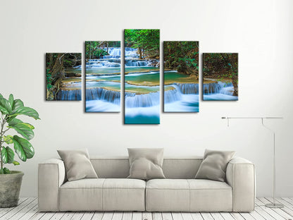 Peaceful Waterfall 5 Panels Large Canvas Paintings Wall Art Modern Gallery Wrapped Landscape Forest Giclee Canvas Print Artwork Photo Pictures for Living Room Bedroom Home Decorations L