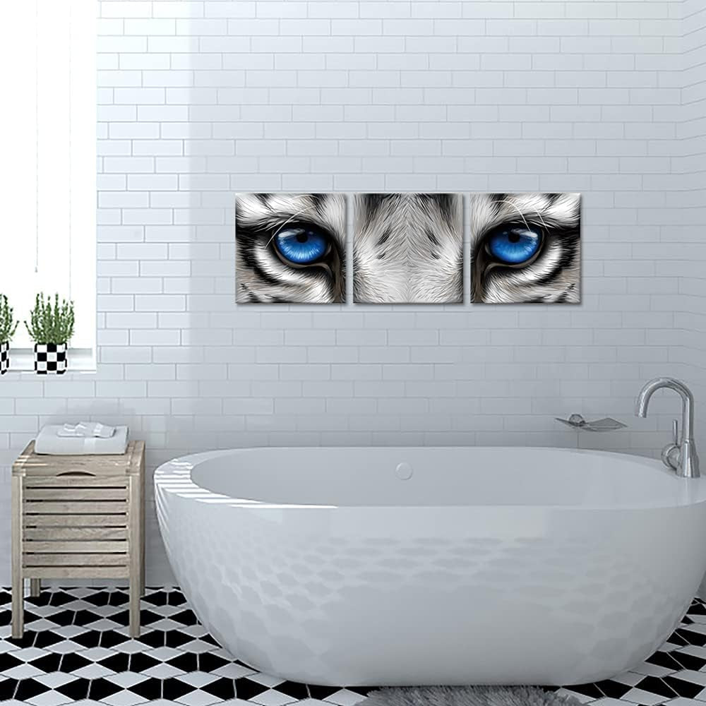 3 Pieces Tiger Pictures Wall Decor Wild Animal with Blue Eyes Canvas Art Picture Black and White Tiger Artwork Print for Bedroom Bathroom Framed 12X12Inchx3Pcs
