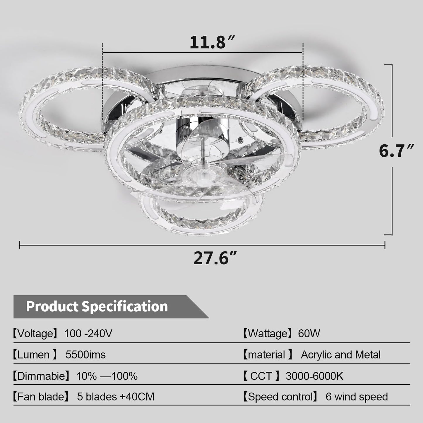 Chandelier Ceiling Fan with Lights，27.6" Flush Mount Celing Fan with 6-Speed LED Dimmable Crystal Ceiling Fan Invisible for Bedroom Living Room