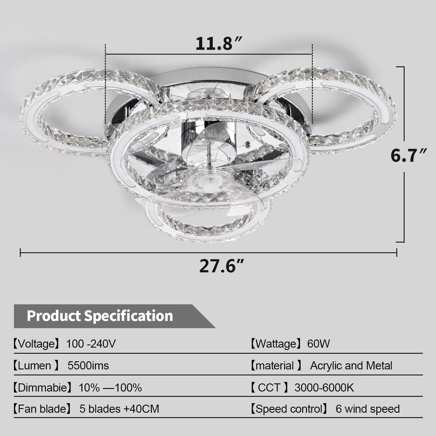 Chandelier Ceiling Fan with Lights，27.6" Flush Mount Celing Fan with 6-Speed LED Dimmable Crystal Ceiling Fan Invisible for Bedroom Living Room