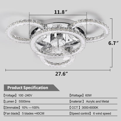 Chandelier Ceiling Fan with Lights，27.6" Flush Mount Celing Fan with 6-Speed LED Dimmable Crystal Ceiling Fan Invisible for Bedroom Living Room