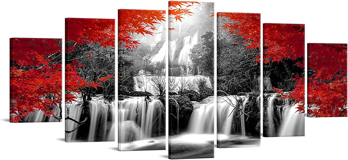 Xlarge 7 Pieces Black and Red Waterfall Canvas Wall Art Nature Forest Picture Prints Framed and Stretched Painting for Modern Living Room Office Decorations 70X32 Inch