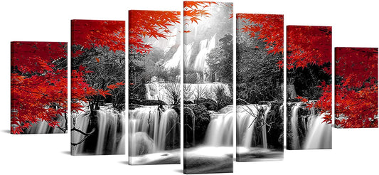 Xlarge 7 Pieces Black and Red Waterfall Canvas Wall Art Nature Forest Picture Prints Framed and Stretched Painting for Modern Living Room Office Decorations 70X32 Inch
