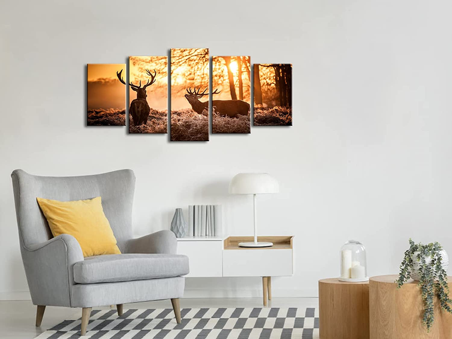 Brown Canvas Prints Wall Art Deer Elks in Autumn Sunset Forest Pictures Paintings for Living Room Bedroom Kitchen Home Decorations 5 Piece Modern Giclee Animal Scenery Landscape Artwork