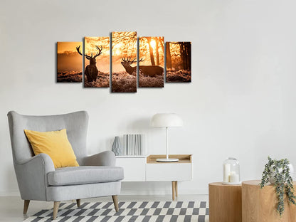 Brown Canvas Prints Wall Art Deer Elks in Autumn Sunset Forest Pictures Paintings for Living Room Bedroom Kitchen Home Decorations 5 Piece Modern Giclee Animal Scenery Landscape Artwork