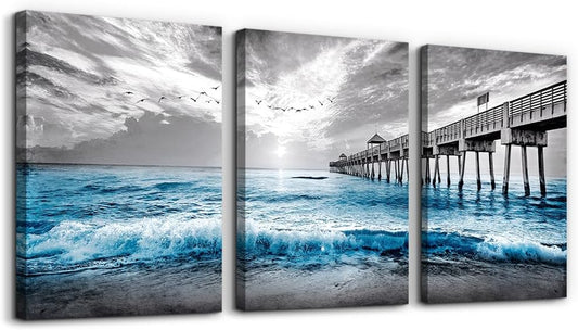 Wall Decorations for Living Room 3 Piece Framed Canvas Wall Art for Bedroom Office Wall Decor Black and White Wall Painting Blue Ocean Sea Wave Pictures Artwork for Modern Posters Prints Home Decor
