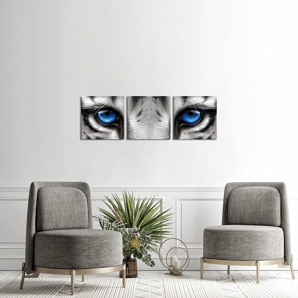3 Pieces Tiger Pictures Wall Decor Wild Animal with Blue Eyes Canvas Art Picture Black and White Tiger Artwork Print for Bedroom Bathroom Framed 12X12Inchx3Pcs