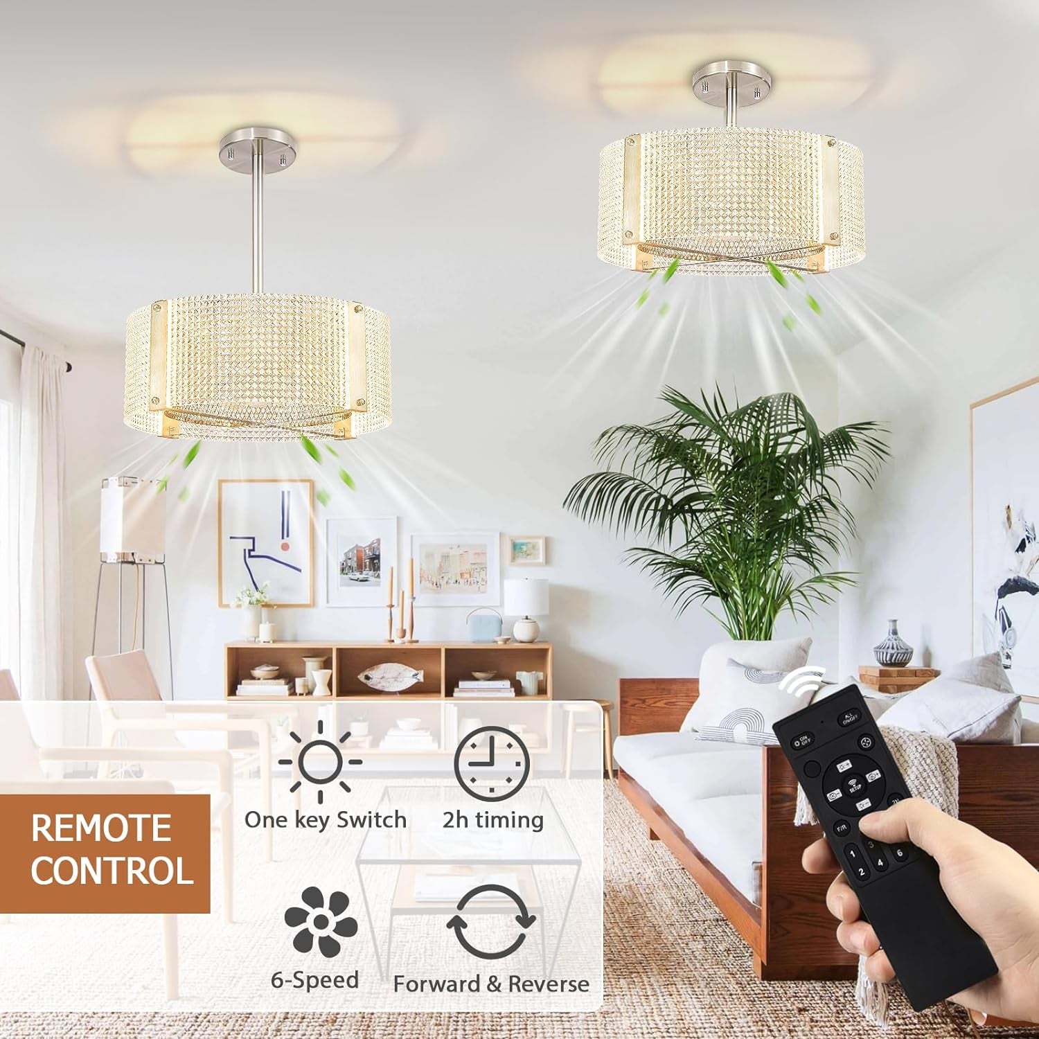 Ceiling Fans with Lights, Crystal Modern Flush Mount Ceiling Fan with Remote Control, Dimmable LED 6 Wind Speeds Low Profile Caged Ceiling Fan with Light for Bedroom Living Room
