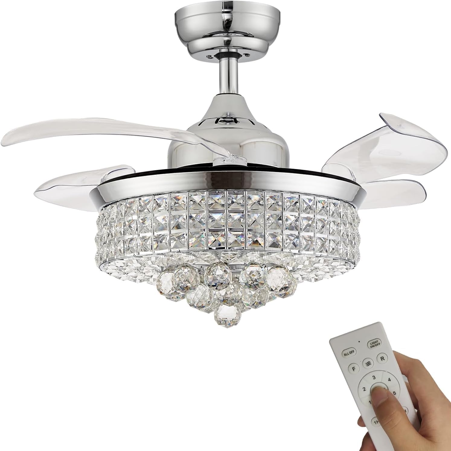 36" Crystal Ceiling Fan with Lights, Fandelier, Retractable Invisible Modern Ceiling Fan Chandelier with Remote Control for Bedroom Living Room Polished Modern Chrome Silver 6 Speed 3 Colors