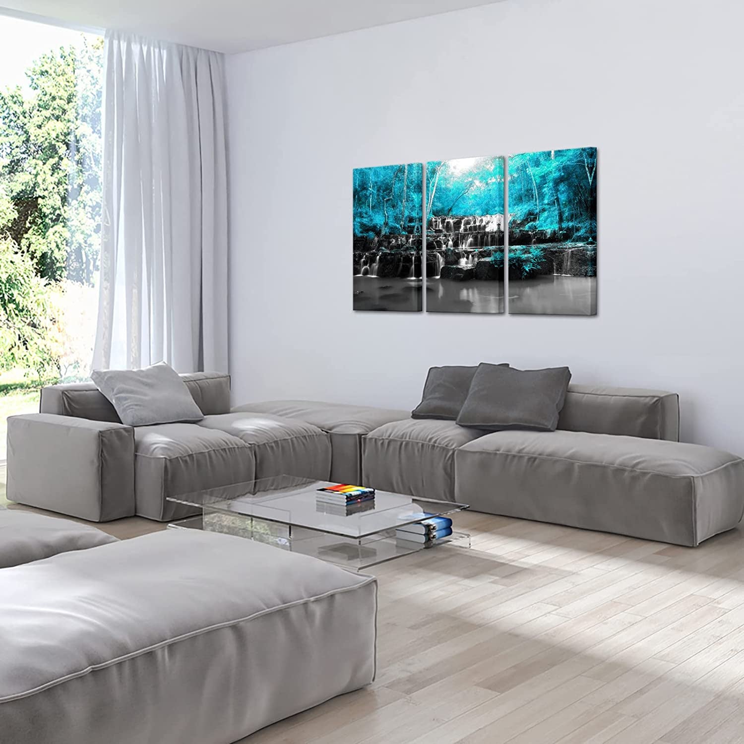 Large 3 Panel Landscape Black White Teal Blue Forest Waterfall Canvas Wall Art Tree Nature Picture Prints Gallery Wrapped Ready to Hang for Living Room Office Each Panel 16X32 Inches (Blue)