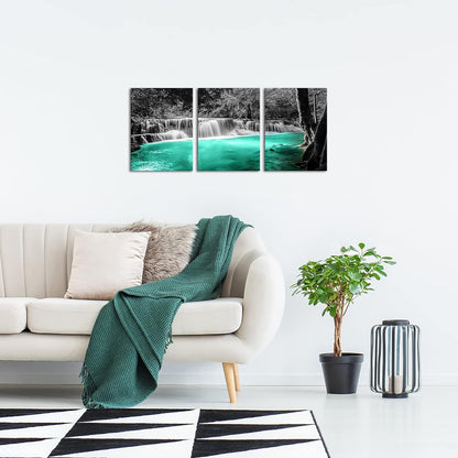 3 Pieces Black and White Teal Canvas Wall Art Dreamlike Forest Waterfall Picture Painting on Canvas Modern Nature Landscape Artwork for Bedroom Bathroom Decor Framed Ready to Hang