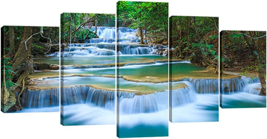 Peaceful Waterfall 5 Panels Large Canvas Paintings Wall Art Modern Gallery Wrapped Landscape Forest Giclee Canvas Print Artwork Photo Pictures for Living Room Bedroom Home Decorations L